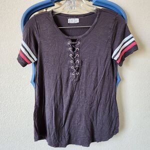 Maurices 24/7 women's small varsity pullover grey short sleeve shirt cross cross